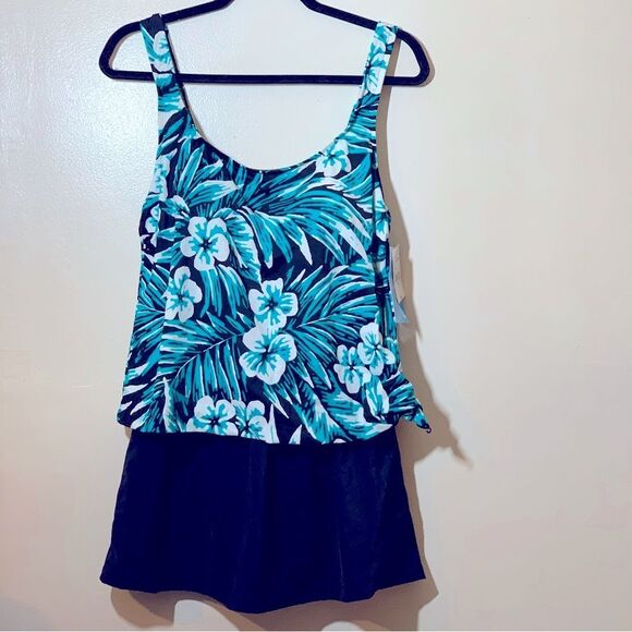 NWT Azul Swim Dress Swimsuit Padded Side Tie Tropical Print Sz 16 Gorgeous - Picture 1 of 7